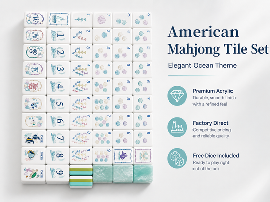 An original 160-tile American Mahjong set featuring coastal artwork, pastel colors, and premium seafoam swirl acrylic.