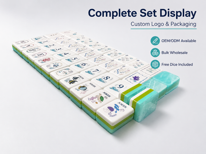 An original 160-tile American Mahjong set featuring coastal artwork, pastel colors, and premium seafoam swirl acrylic.
