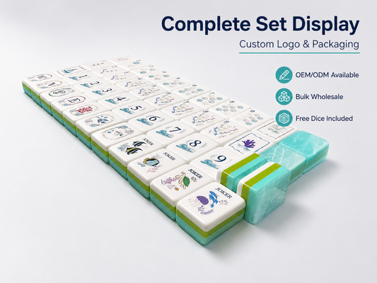 An original 160-tile American Mahjong set featuring coastal artwork, pastel colors, and premium seafoam swirl acrylic.