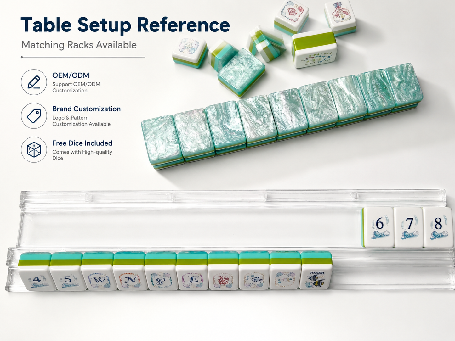 An original 160-tile American Mahjong set featuring coastal artwork, pastel colors, and premium seafoam swirl acrylic.