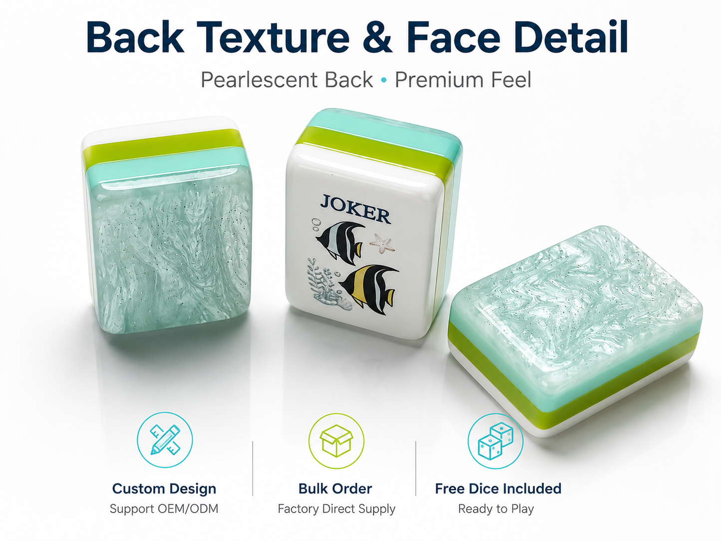An original 160-tile American Mahjong set featuring coastal artwork, pastel colors, and premium seafoam swirl acrylic.