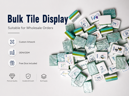 An original 160-tile American Mahjong set featuring coastal artwork, pastel colors, and premium seafoam swirl acrylic.
