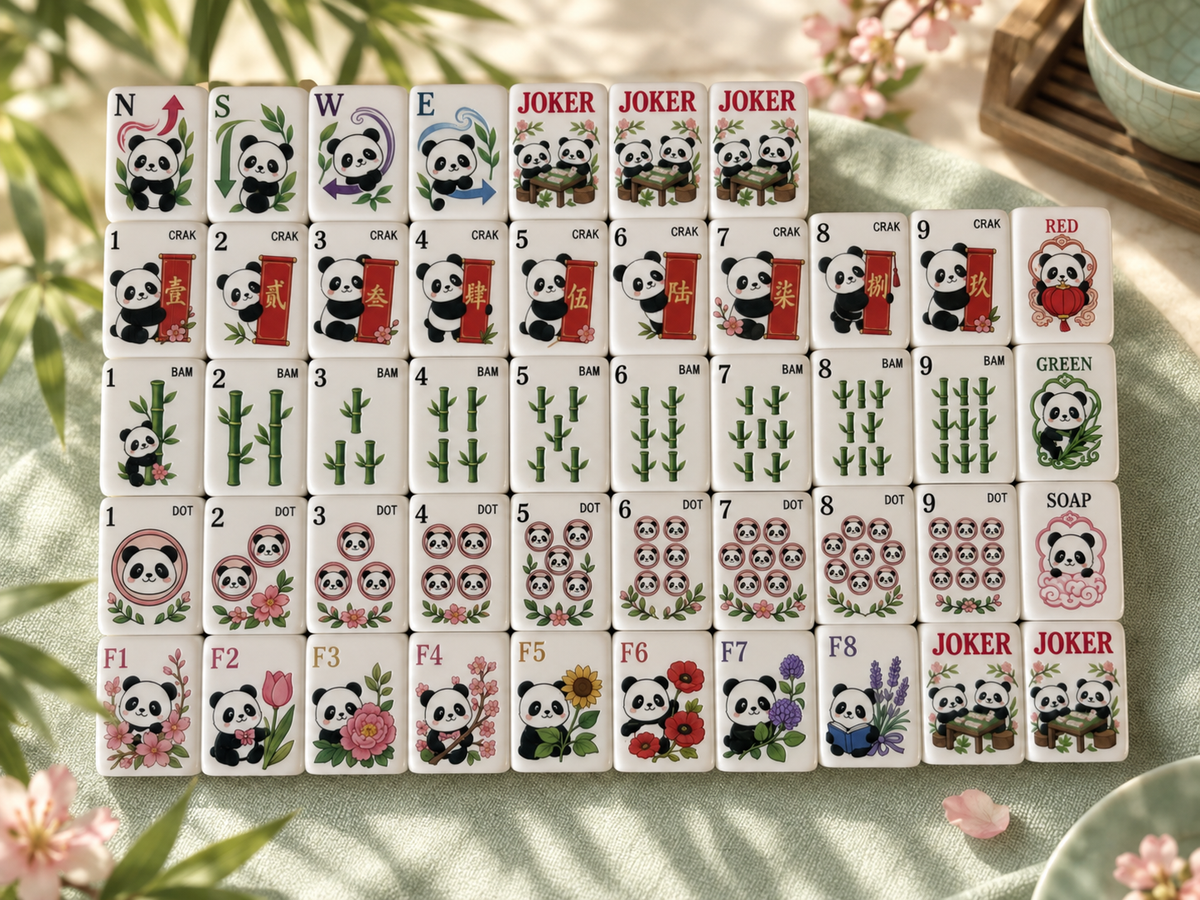 SenJoy Panda Bloom Mahjong — 160-Tile American Mahjong Set with Playful Pandas, Flowers & Bamboo