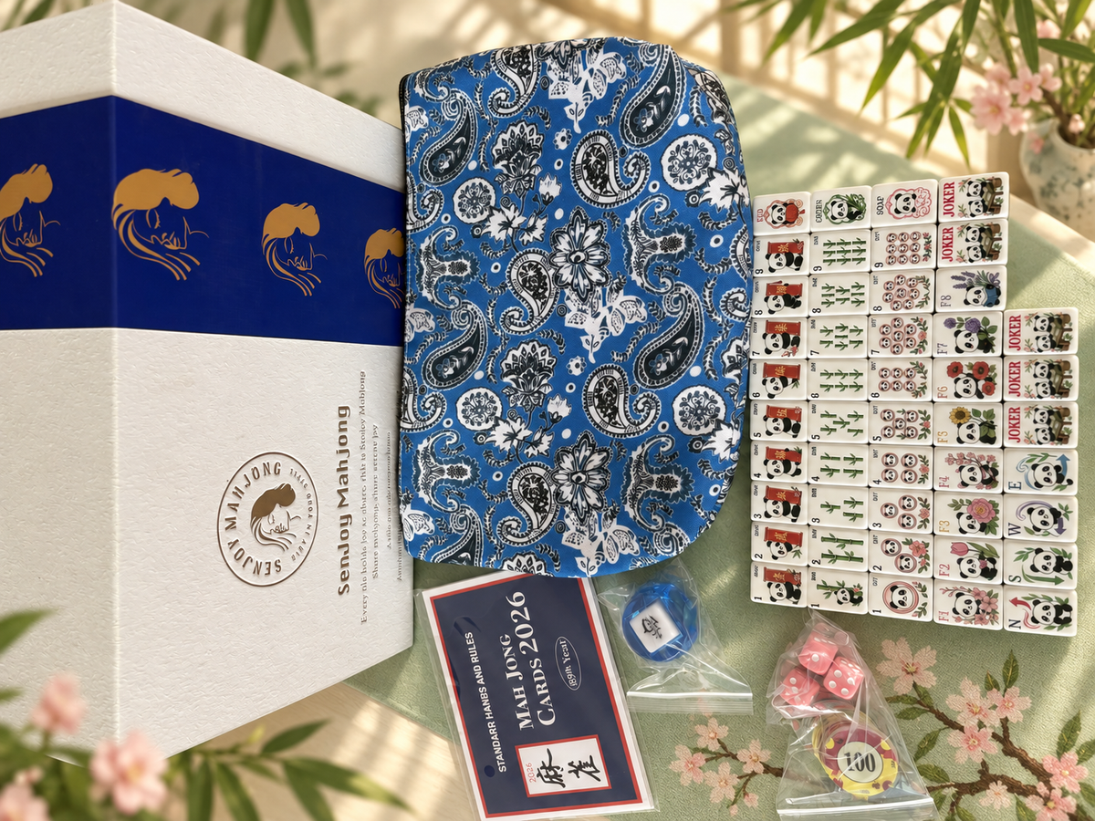 SenJoy Panda Bloom Mahjong — 160-Tile American Mahjong Set with Playful Pandas, Flowers & Bamboo
